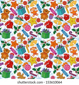 Holiday seamless pattern with cartoon characters and elements. Vector