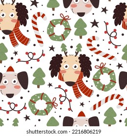holiday Seamless pattern with cartoon dog, candy, christmas trees, decor elements. colorful vector for kids, flat style. hand drawing. Baby design for fabric, textile, print, wrapper.