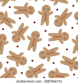 holiday seamless pattern with cartoon gingerbread man, decorative elements. Merry Christmas. Colorful vector, flat style. hand drawing. design for fabric, print, wrapper