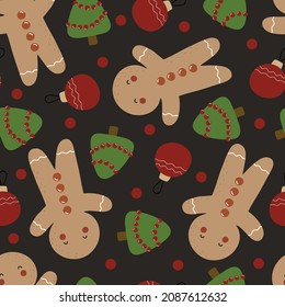holiday  seamless pattern with cartoon gingerbread man, christmas tree, ball, decorative elements. Merry Christmas. Colorful vector, flat style. hand drawing. design for fabric, print, wrapper
