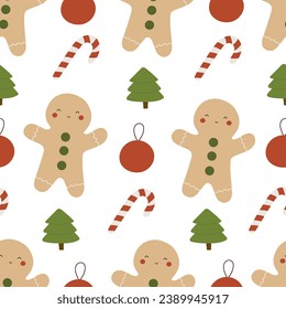 holiday seamless pattern with cartoon gingerbread man, decor elements. Merry Christmas. Colorful vector, flat style. hand drawing. design for fabric, print, wrapper
