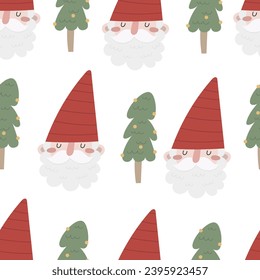 holiday Seamless pattern with cartoon gnomes, tree, decor elements. colorful vector for kids, flat style. hand drawing. Baby design for fabric, textile, print, wrapper.