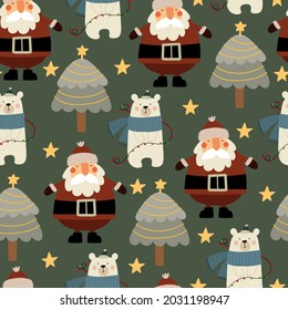 holiday Seamless pattern with cartoon polar bear, Santa Claus, trees, decor elements. colorful vector for kids, flat style. hand drawing. Baby design for fabric, textile, print, wrapper.