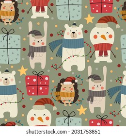 holiday Seamless pattern with cartoon polar bear, hedgehog, hare, present, decor elements. colorful vector for kids, flat style. hand drawing. Baby design for fabric, textile, print, wrapper.