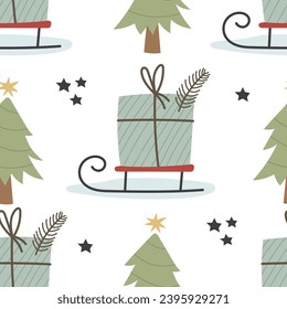 holiday Seamless pattern with cartoon sled,  present, Christmas tree, decor elements. colorful vector for kids, flat style. hand drawing. Baby design for fabric, textile, print, wrapper.