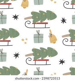 holiday Seamless pattern with cartoon sled, present, Christmas tree, decor elements. colorful vector for kids, flat style. hand drawing. Baby design for fabric, textile, print, wrapper.
