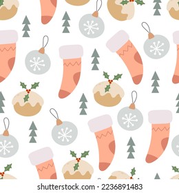 holiday Seamless pattern with cartoon sock, Christmas ball, decor elements. colorful vector for kids, flat style. hand drawing. Baby design for fabric, textile, print, wrapper.