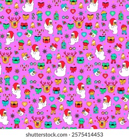 Holiday seamless pattern in cartoon Y2K retro style with Santa Claus, snowman, deer, gifts, surprises. Ornate for printing, wrapping and packaging. Vector isolated on pink background