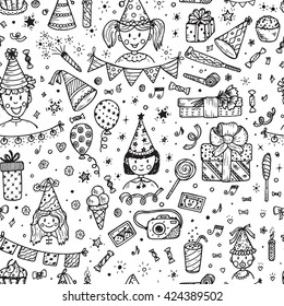 Holiday seamless pattern. Celebratory seamless background. Hand Drawn Doodle children, sweets, bunting flag, balloons, gifts, festive paper caps, festive attributes. Wallpaper for kids