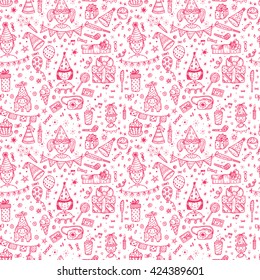 Holiday seamless pattern. Celebratory seamless background. Hand Drawn Doodle children, sweets, bunting flag, balloons, gifts, festive paper caps, festive attributes. Pink Wallpaper for kids