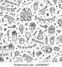 Holiday seamless pattern. Celebratory seamless background. Hand Drawn Doodle sweets, bunting flag, balloons, gifts, festive paper caps, festive attributes. Wallpaper for kids