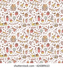 Holiday seamless pattern. Celebratory seamless background. Hand Drawn Doodle sweets, bunting flag, balloons, gifts, festive paper caps, festive attributes - vector illustration