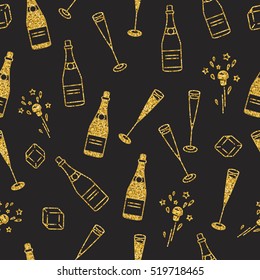 Holiday seamless pattern with cham and extracted cork.
Glittery shining golden objects on black for holiday decorations. Flat colors only.
