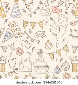 Holiday seamless pattern. Christmas balls, decor, balloons, flower, gifts and garlands on light beige background. Vector illustration in doodle style for wallpaper, packaging, festive design, textile.