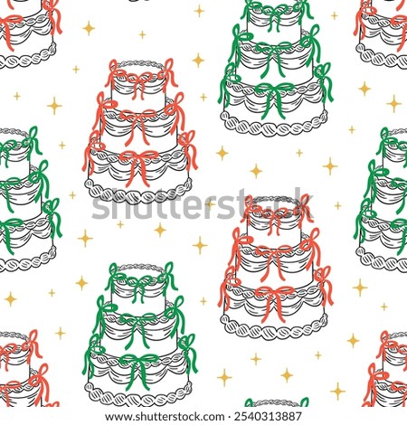 Holiday seamless pattern with christmas cakes and bows. Vector background in retro style