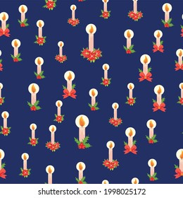 Holiday seamless pattern with Christmas candles, poinsettia and mistletoe.