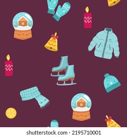 Holiday Seamless Pattern with Christmas Cookies. Xmas winter poster collection. Creative kids texture for fabric, wrapping, textile, wallpaper, apparel. Vector illustration.