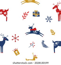 Holiday Seamless Pattern with Christmas deer. Xmas winter poster collection. Folk art