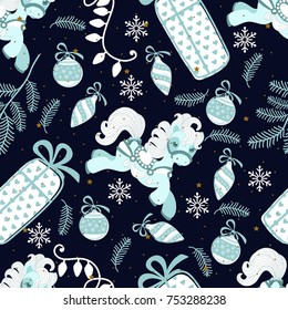 Holiday seamless pattern with Christmas and festive elements. Vector illustration.