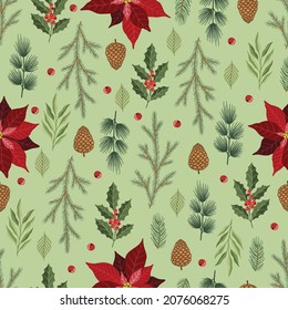 Holiday Seamless Pattern with Christmas forest branches.
