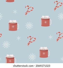 Holiday Seamless Pattern with Christmas objects in red color. Vector illustration on blue background. Xmas winter backdrop with cocoa, candy cane and snowflakes. 
