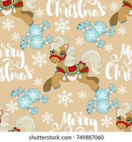 Holiday seamless pattern with Christmas pony and festive elements. Vector illustration.