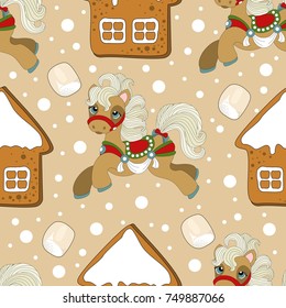 Holiday seamless pattern with Christmas pony and festive elements. Vector illustration.