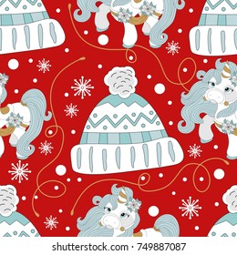 Holiday seamless pattern with Christmas pony and festive elements. Vector illustration.