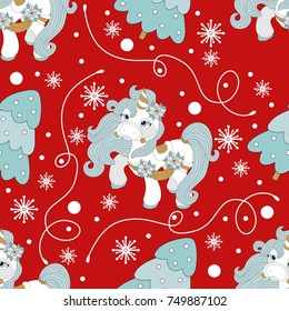 Holiday seamless pattern with Christmas pony and festive elements. Vector illustration.