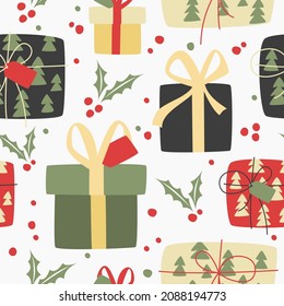 Patrón de vacaciones sin foco con regalos de Navidad. Feliz Navidad, Feliz Año Nuevo sin fisuras con cajas de regalo y hojas y bayas para tarjetas de felicitación, papeles de envoltura.