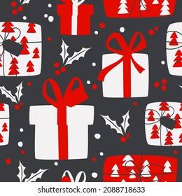 Holiday Seamless Pattern with Christmas presents. Merry Christmas, Happy New Year seamless pattern with gift boxes and holly leaves and berries for greeting cards, wrapping papers.