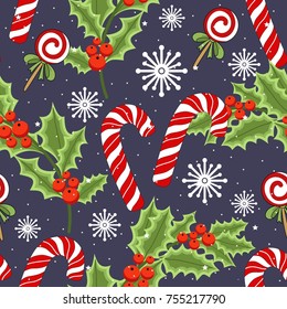 Holiday seamless pattern with Christmas reindeer and holiday items. Vector illustration.