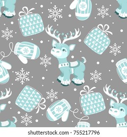 Holiday seamless pattern with Christmas reindeer and holiday items. Vector illustration.