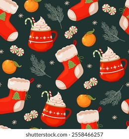 Holiday seamless pattern with Christmas sock, warm drinks, candies, citrus, pine branch etc.