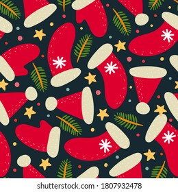holiday seamless pattern with christmas socks, Santa Claus Hats, candy cane, fir branches, decorative elements on a neutral background. Colorful vector, flat style. hand drawing. design for fabric, pr