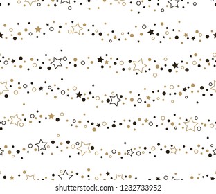 Holiday seamless pattern. Christmas star. Festive background with gold stars.  Ornament for gift wrapping paper, fabric, clothes, textile, surface textures, scrapbook. Vector illustration.