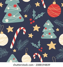 Holiday Seamless Pattern with Christmas symbols. Xmas winter poster collection. Merry Christmas, Happy New Year seamless pattern holly leaves and berries for greeting cards, wrapping papers.