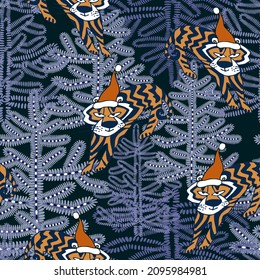 Holiday seamless pattern with Christmas tiger in red cap in night winter forest of Christmas trees. Holiday animal of Chinese New Year. Wrapping paper, textile, fabric, package, postcard, poster.