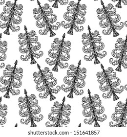 Holiday seamless pattern with christmas tree in black and white - vector 