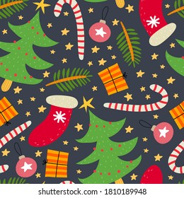 holiday seamless pattern with christmas tree, candy cane, christmas socks, fir branches, decorative elements on a neutral background. Colorful vector, flat style. hand drawing. design for fabric, prin