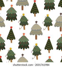 patrón ininterrumpido de vacaciones con árbol de navidad. Vector colorido, de estilo plano. dibujo a mano. diseño para tela, impresión, envoltura