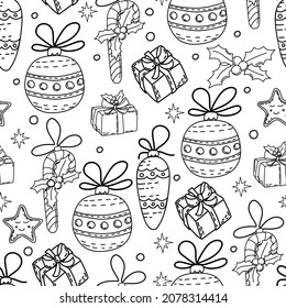 Patrón ininterrumpido de vacaciones con juguetes de árbol de Navidad y cajas de regalo. Libro de Colores para adultos. Fondo del vector de contorno.