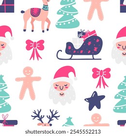 Holiday seamless pattern with Christmas tree, Santa Claus, bow, deer, star, gingerbread man and Christmas sleigh. Vector illustration