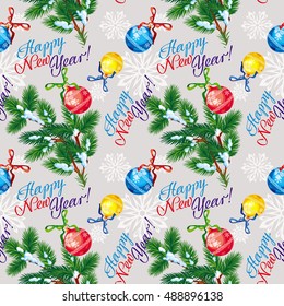 Holiday seamless pattern with Christmas tree and artistic written text:"Happy New Year!". Vector clip art.