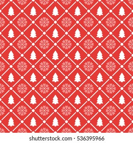 Holiday Seamless Pattern With Christmas Tree And Snowflakes. Vector Abstract Background.