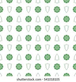 Holiday seamless pattern with christmas tree and snowflakes. Vector abstract background.