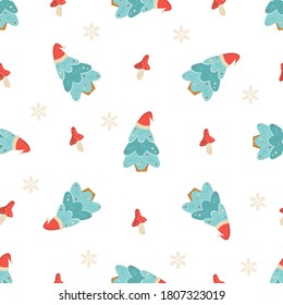 Holiday seamless pattern with Christmas trees and decorative elements. New Year design for wrapping paper, gift boxes, fabric.