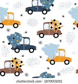 Patrón ininterrumpido de vacaciones con árboles y autos de Navidad. Ilustración dibujada a mano por vectores.