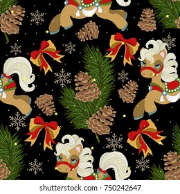Holiday seamless pattern with Christmas unicorn and festive elements. Vector illustration.