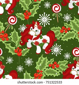 Holiday seamless pattern with Christmas unicorn and festive elements. Vector illustration.